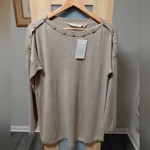 Beige Soft Surroundings Button-Accent Knit Top Sweater Simple Stylish Spring